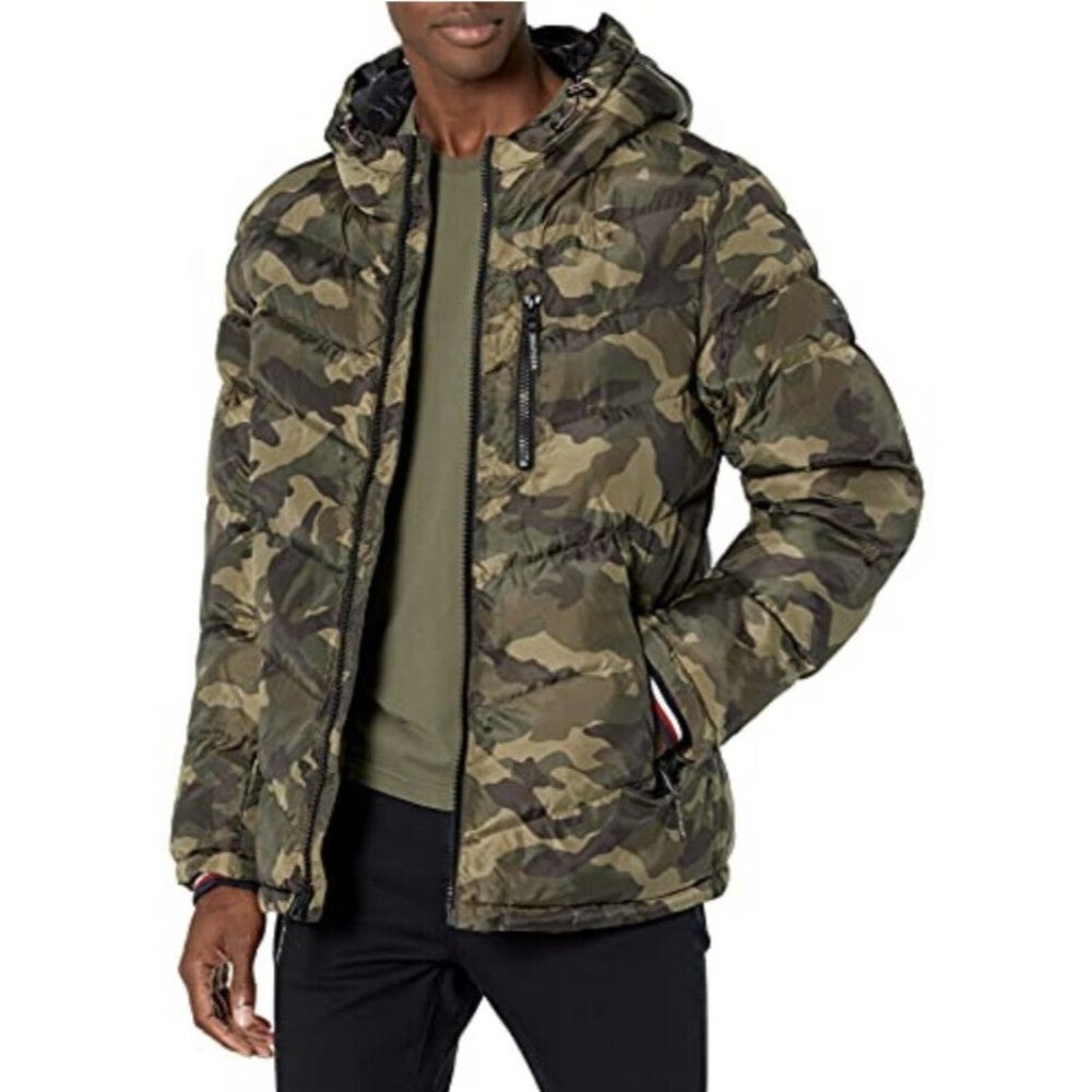 Tommy Hilfiger Logo Mens Camoflauge Winter Puffer Jacket Coat Hooded NWT‎ SZ XL